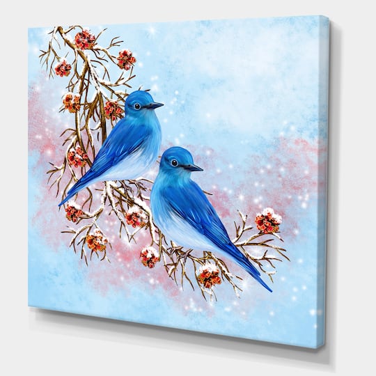 Designart - Two Blue Birds Sitting On A Branch With Berries